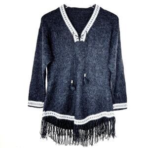Alpaca Wool Hand Knit Sweater Dark Gray Geometric Trim Tassel Fringe MEDIUM